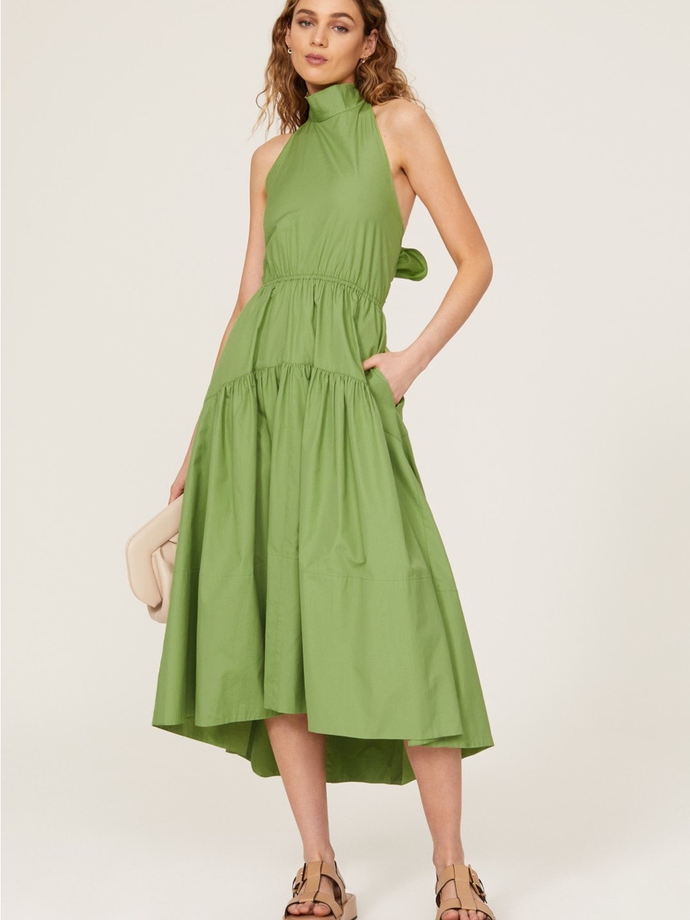 Vince Draped Halter Midi Dress Womens Medium Pistachio Green Open Back